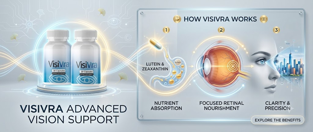 Graphic titled How Visivra Works with two Visivra bottles and three steps: nutrient absorption of lutein and zeaxanthin, focused retinal nourishment, and clarity and precision